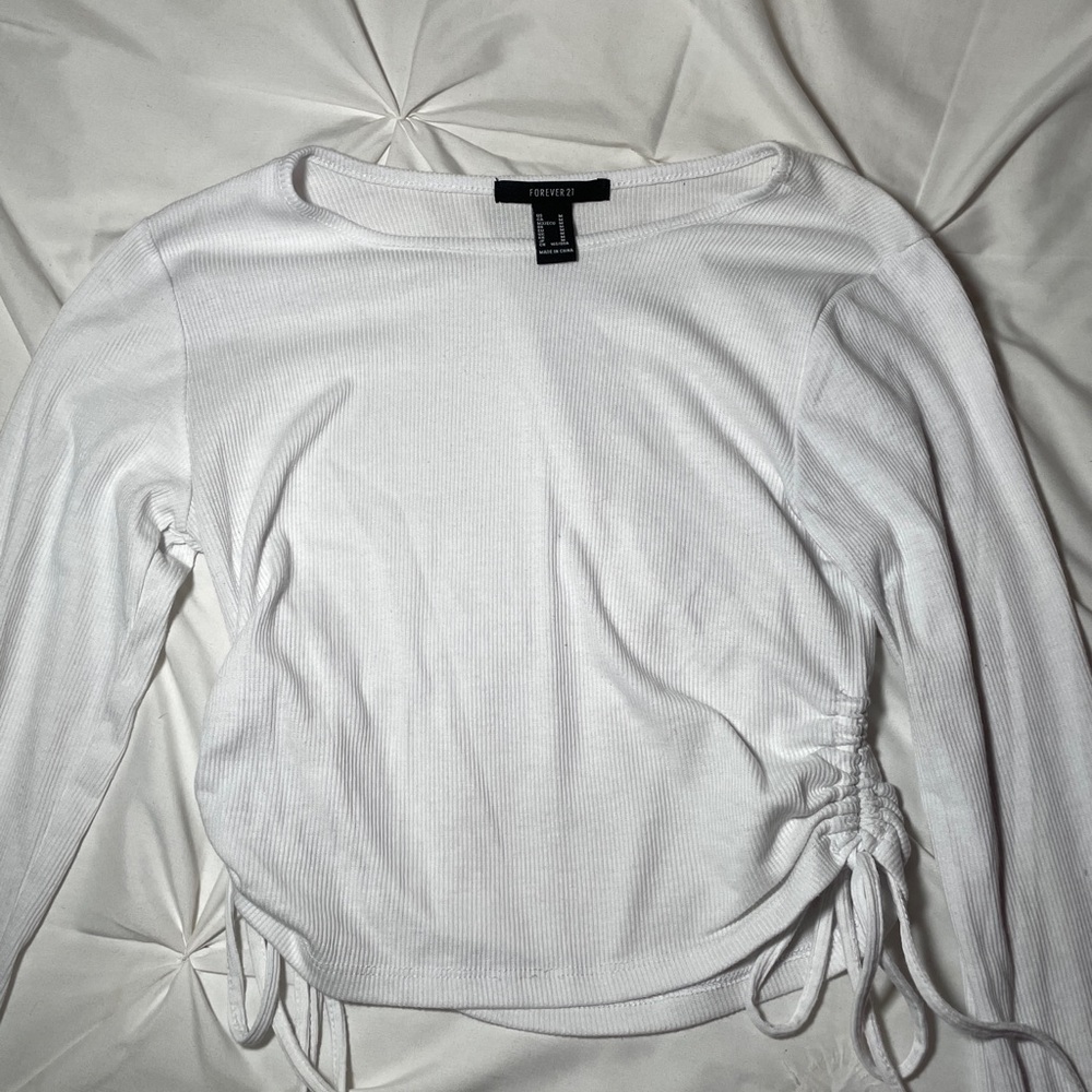 Forever 21 White Long Sleeve Crop Blouse with Ruched Tie Front